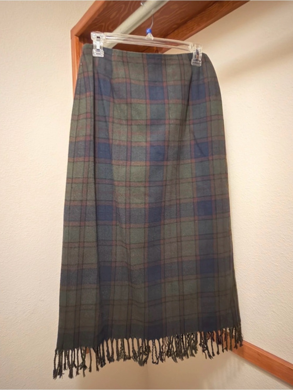 Worthington Green and Blue Plaid Fringe Maxi Skirt